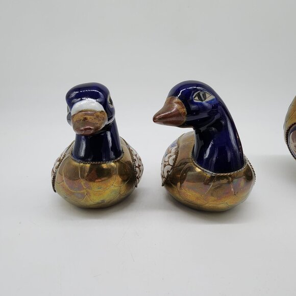 Mexican Tonala Pottery & Brass Duck Figurine Set Of 3 Gold & Blue Mom Ducklings - Picture 3 of 11